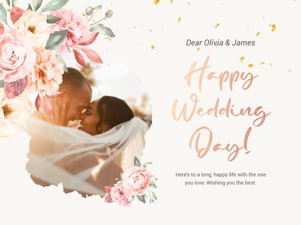 marriage, married, photo, White And Pink Floral Happy Wedding Day Card Template
