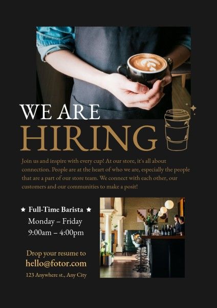 hire, employment, recruit, Brown Classic Hiring Barista Poster Template