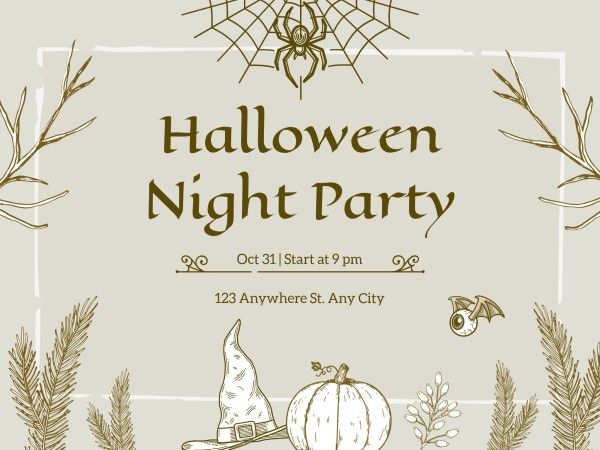 invite, party, celebration, Grey And Beige Hand Drawn Vintage Halloween Invitation Card Template