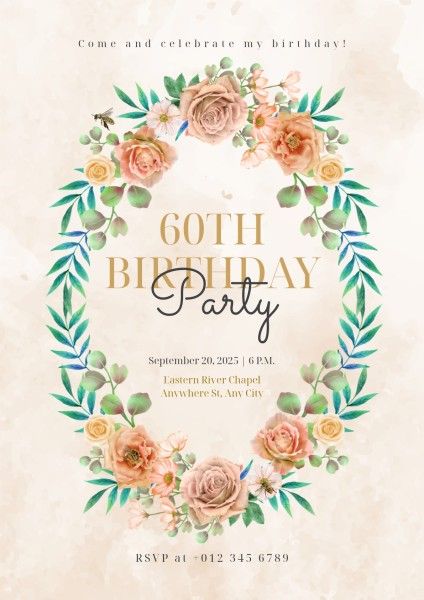 party, celebration, event, Beige Watercolor Floral Birthday Invitation Poster Template