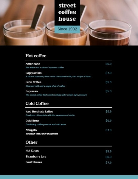 黑咖啡屋饮料菜单 英文菜单