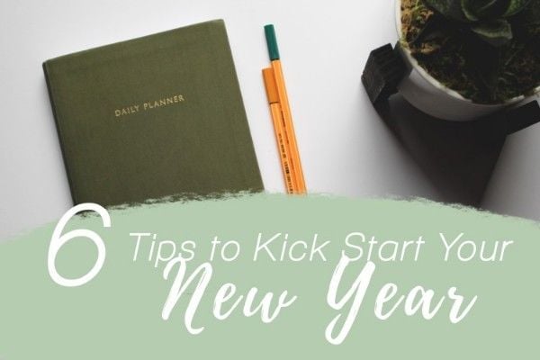 books, pencils, plant, Green White New Year Tips Blog Title Template