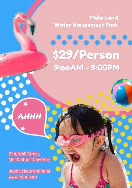 kid, chilren, fun, Pink And Blue Children Water Amusement Park Ads Poster Template
