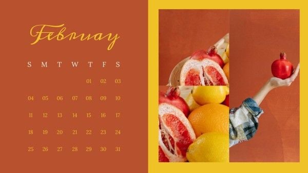 lemons, pomegranates, desk, Orange February Calendar Template
