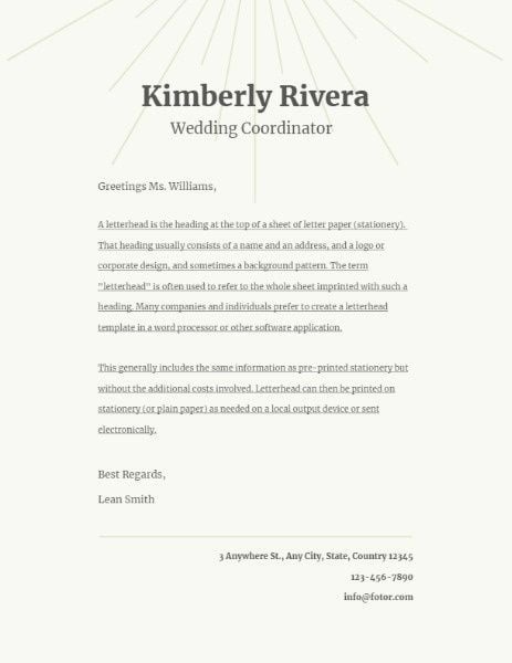 business, office, company, White Radiating Line Wedding Coordinator Letter Letterhead Template