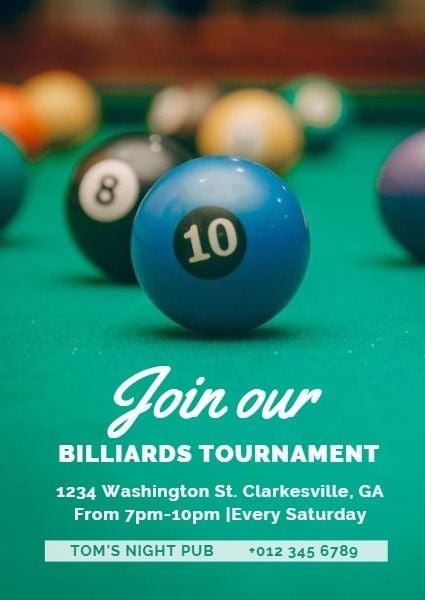 billiards, pub, bar, Billiard Tournament Invitation Template