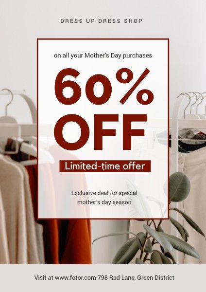mother's day, mother's day sale, sale, Mothers Day White Dress Up Dress Shop Discount Poster Template