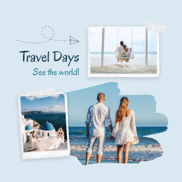 travel, journey, trip, Soft Blue Polaroid Vacation Collage Photo Collage (Square) Template
