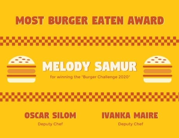 food competition certificate, food competition, award, Yellow Burger Competition Certificate Template