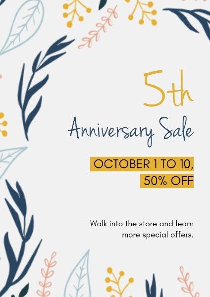 store, market, business, White Botanical Flowers Anniversary Sale Discount Poster Template