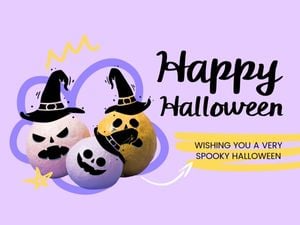 pumpkin, wizard, spooky, Purple Trick Or Treat Cute Cartoon Happy Halloween Wish Card Template