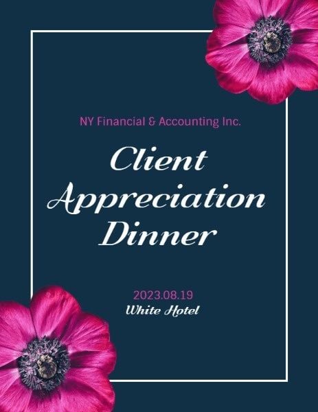 dinner, formal, business, Pink Flower Blue Background Client Appreciation Party Program Template