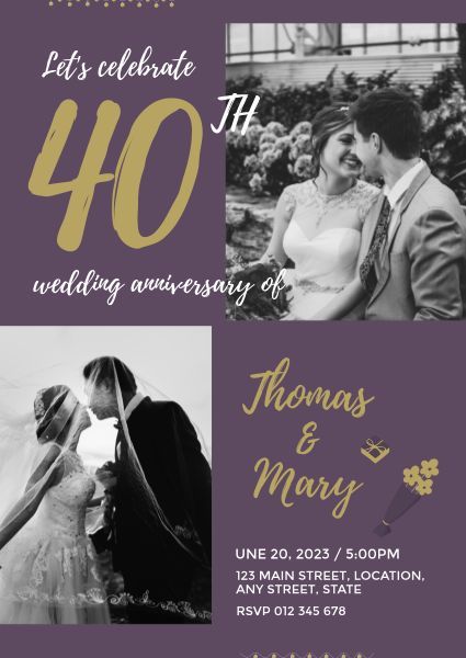ceremony, marriage, gathering, Golden And Purple Wedding Anniversary Party Invitation Template