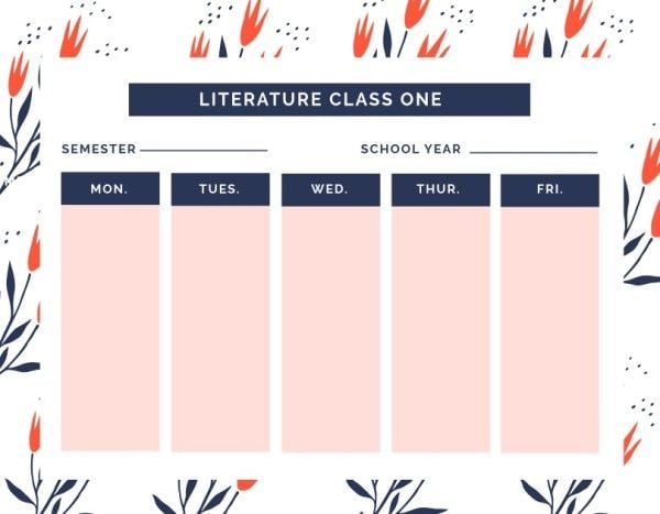 term, semester, blank, Red Flower Background Class Schedule Template