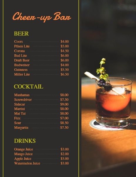 beer, cocktail, drink, Beverage Bar Menu Template