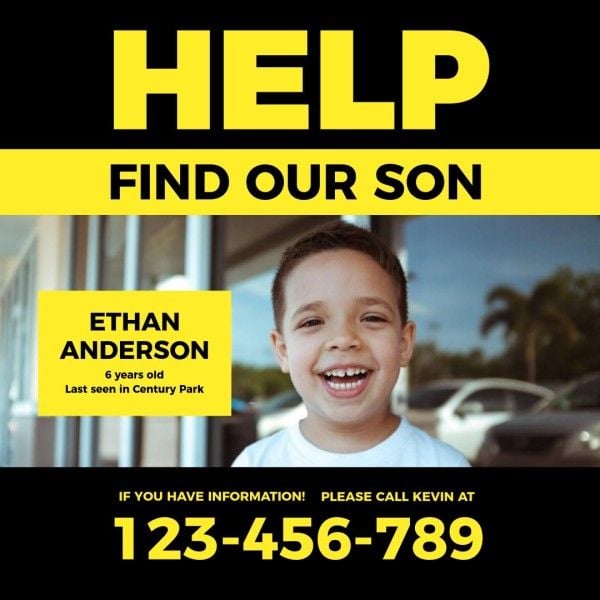 help, boy, missing, Yellow Find Our Son Instagram Post Template