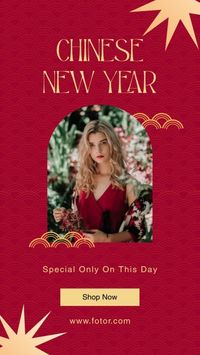 chinese new year, promotion, new year promotion, Red Photo Girl New Year Sale Instagram Story Template