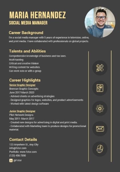 managment, cv, job, Social Media Manager Golden Resume Template