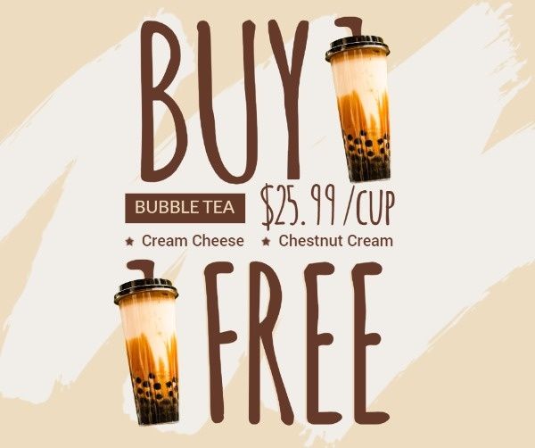 discount, drink, sale, Bobble Tea Buy One Get One Free Facebook Post Template
