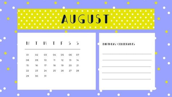 monthly, august, birthday, Purple Cartoon Dot Desk Calendar Template