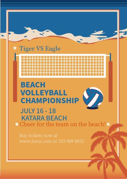 橙色和蓝色沙滩排球运动 英文海报
