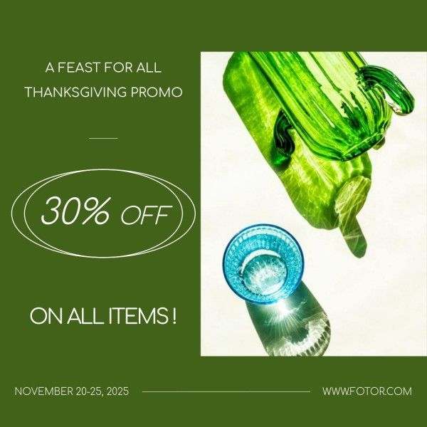 thank you, grateful, gratitude, Green Thanksgiving Glass Promo Instagram Post Template