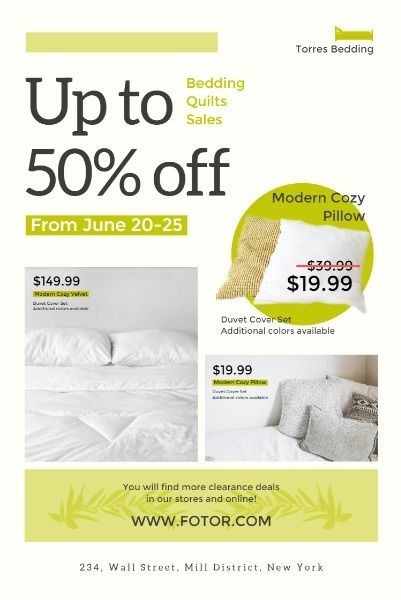 promtion, e-commerce, retail, White And Green Bedding Homeware Sale Pinterest Post Template