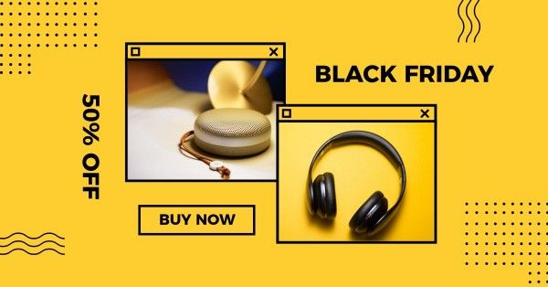 discount, promotion, commercial, Yellow Headphone Black Friday Sale Facebook App Ad Template