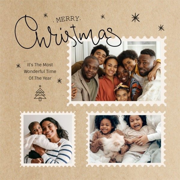 happy, holiday, celebration, Beige Brown Retro Christmas Family Photo Collage Instagram Post Template