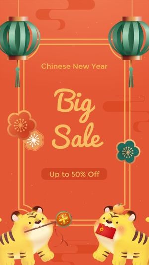 year of the tiger, promotion, new year promotion, Orange Cartoon Cute Chinese New Year Sale Instagram Story Template