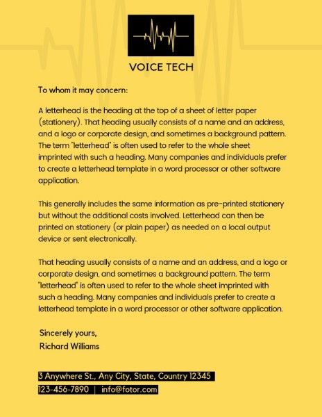 advertisement, business, promotion, Yellow Voice Tech Greeting Letter Letterhead Template