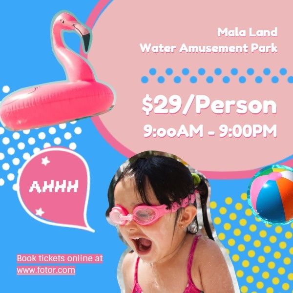 kid, chilren, fun, Pink And Blue Children Water Amusement Park Ads Instagram Post Template