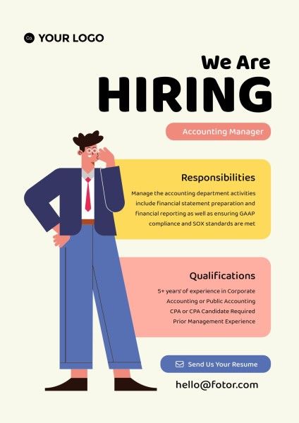 hire, job, work, Beige And Blue Illustration We Are Hiring Poster Template