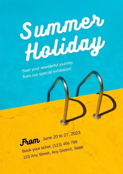 蓝色和黄色游泳池暑假海报 英文海报