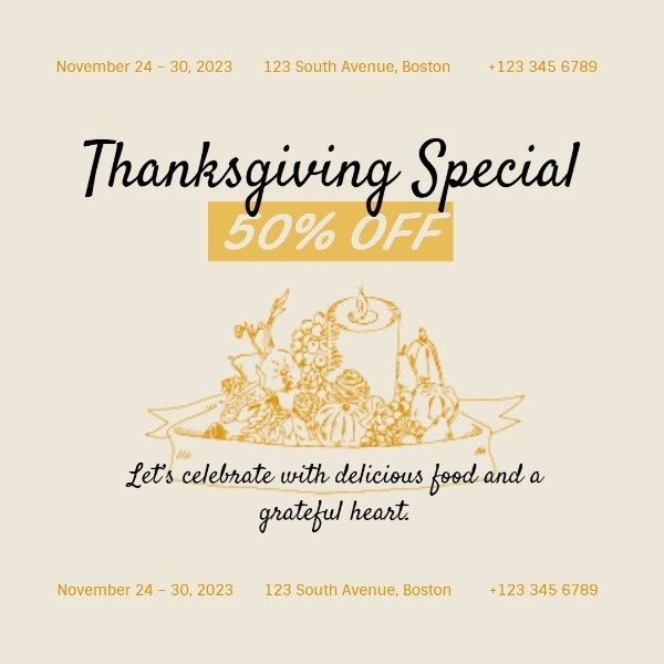 sale, food, promotion, Thanksgiving Restaurant Special Offer Instagram Post Template