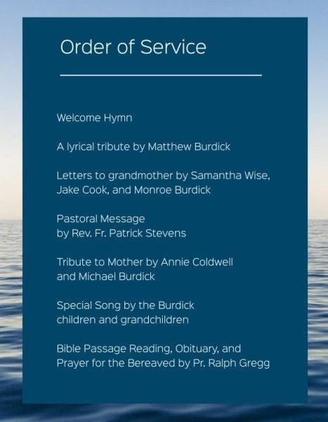 rundown, program list, list, Blue Old Man Funeral Service Christian Church Program Template