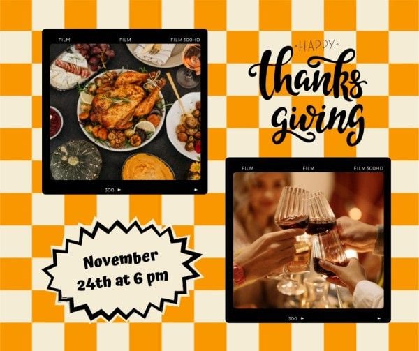 holiday, celebration, dinner, Yellow Checkerboard Background Thanksgiving Photo Collage Facebook Post Template