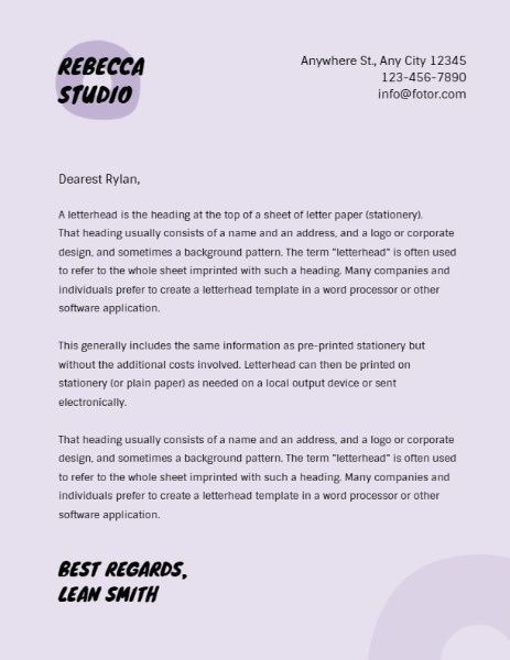 Simple Purple Fashion Studio Letterhead Letterhead
