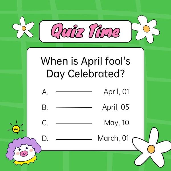 april fools' day, event, celebration, Green Cartoon April Fools' Quiz Time Instagram Post Template