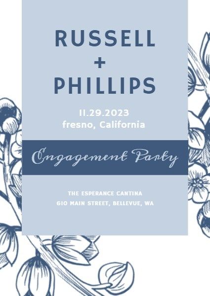 proposal, marriage, marry, Blue Sketch Floral Engagement Party Invitation Template