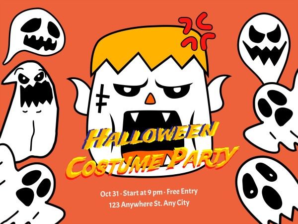 ghost, invite, celebration, Orange Funny Cartoon Halloween Party Invitation Card Template