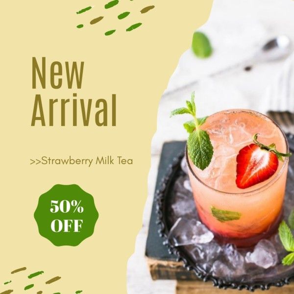 drink, fruit, summer, Yellow New Arrival Strawberry Milk Tea Instagram Post Template