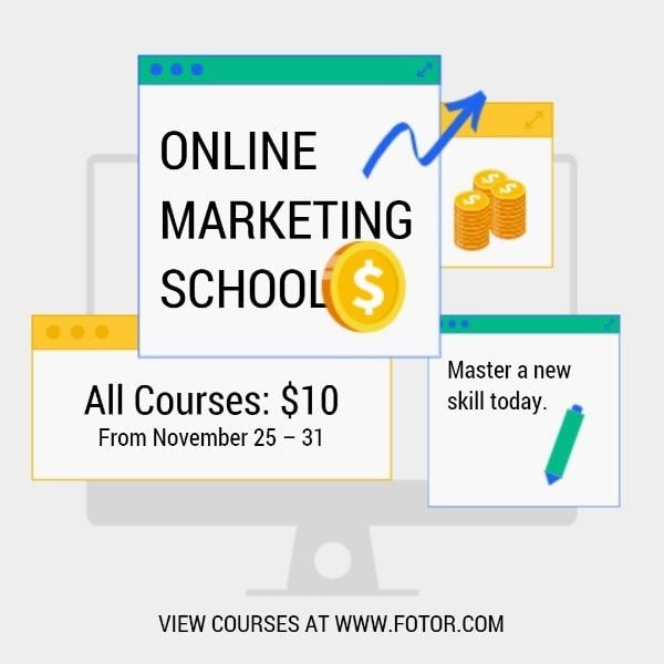 class, computer, money, Online Marketing School Discount Instagram Post Template