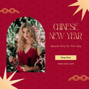 chinese new year, promotion, new year promotion, Red Photo Girl New Year Sale Instagram Post Template