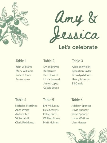 wedding, Green Leaves Background Seating Chart Template