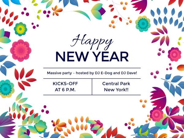 happy new year, festival, holiday, Floral new year party invitation Card Template