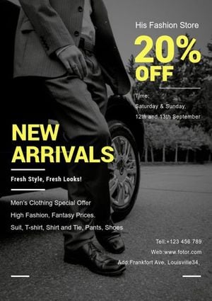 new products on the shelves, clothes, promotions, Men's Wear Discount Poster Template