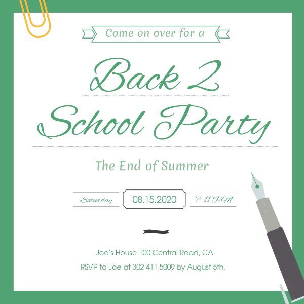 dinner, student, class, White Back To School Party  Instagram Post Template