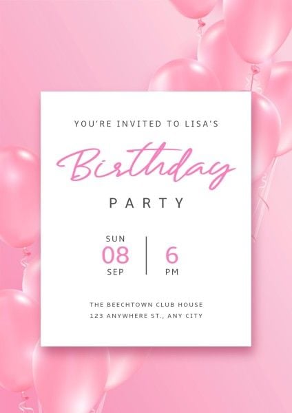 ピンクのイラスト3Dバルーン誕生日パーティーの招待状 ポスター