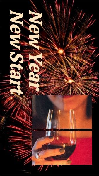 social media, holiday, alcohol, Red New Year Firework Drinking Photo Collage 9:16 Template